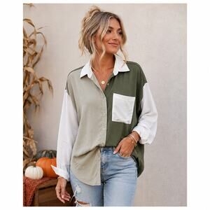 Evolutionary Green + White Color Block Button Down Top Size XL